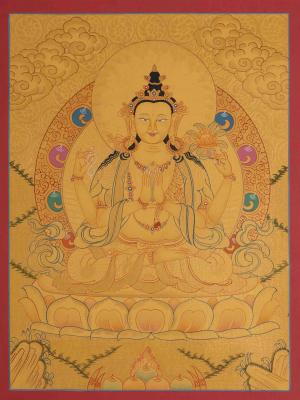 Bodhisattva Avalokiteshvara Chengrezig | 24K Gold Style Original Hand painted Tibetan Thangka